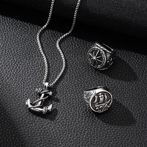 4 PCS Pirate Anchor Ship Pendant Chain Ring Set