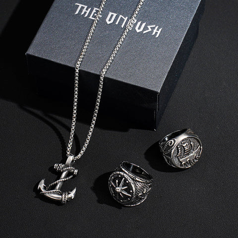 4 PCS Pirate Anchor Ship Pendant Chain Ring Set