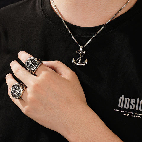 4 PCS Pirate Anchor Ship Pendant Chain Ring Set