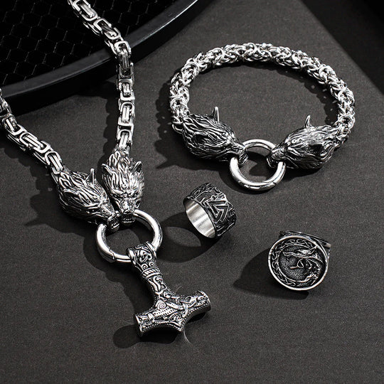 4 PCS Viking Wolf Rune Chain Bracelet Ring Set