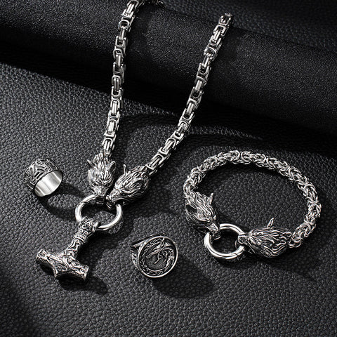 4 PCS Viking Wolf Rune Chain Bracelet Ring Set