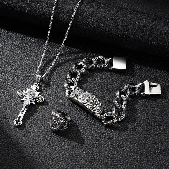 4 PCS Cross Christain Pendant Chain Bracelet Ring Set