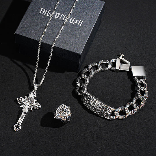 4 PCS Cross Christain Pendant Chain Bracelet Ring Set