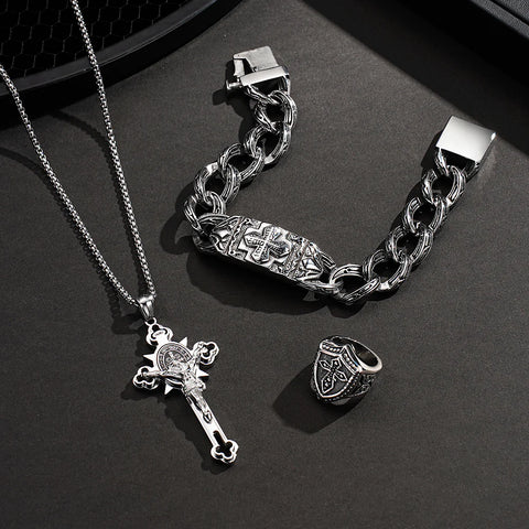 4 PCS Cross Christain Pendant Chain Bracelet Ring Set