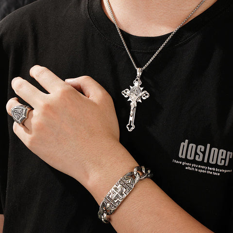 4 PCS Cross Christain Pendant Chain Bracelet Ring Set