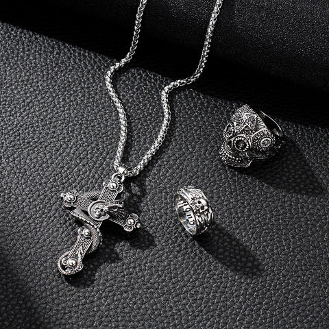 4 PCS Skull Biker Pendant Chain Ring Set