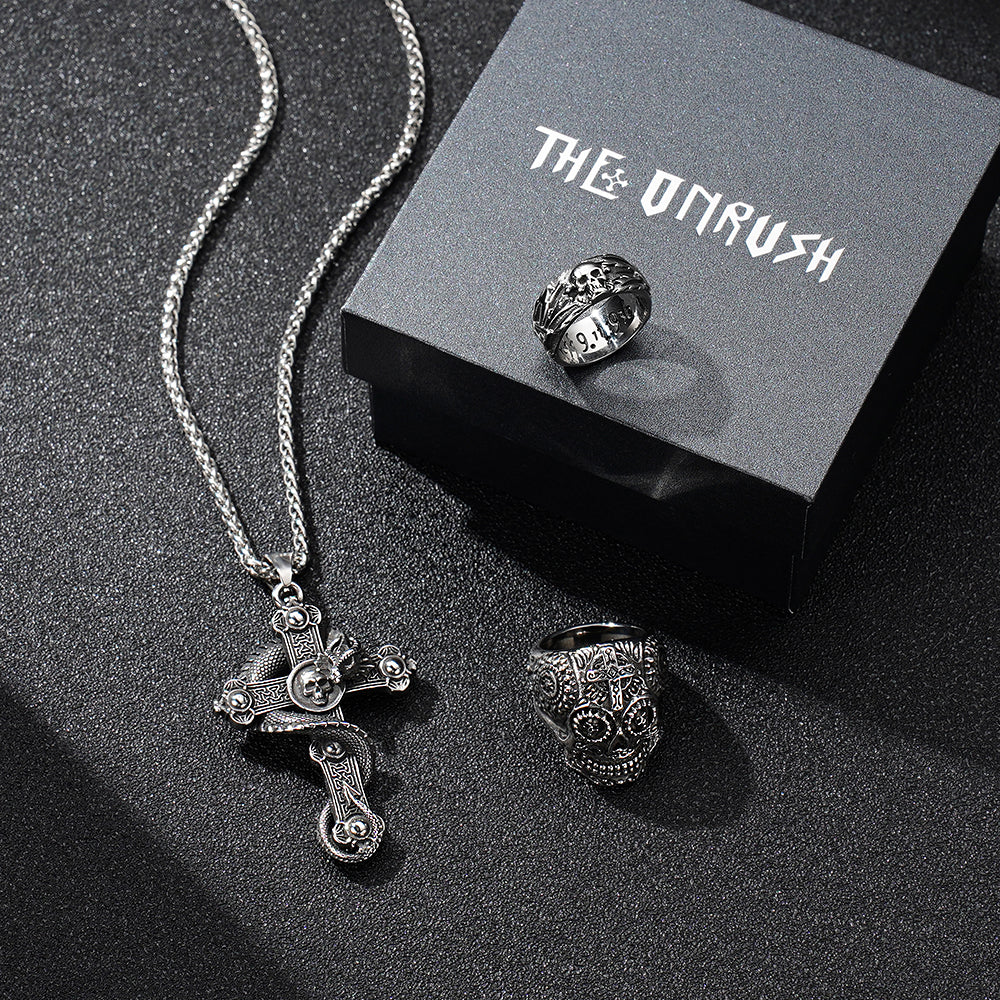 4 PCS Skull Biker Pendant Chain Ring Set