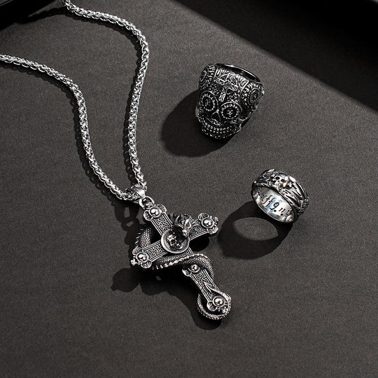 4 PCS Skull Biker Pendant Chain Ring Set