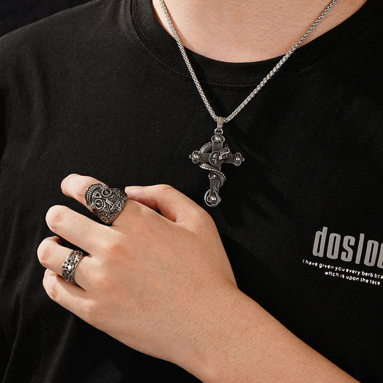 4 PCS Skull Biker Pendant Chain Ring Set